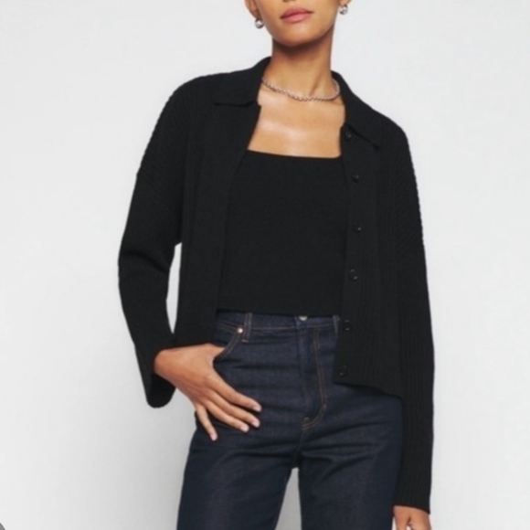 Reformation Frida Rib Knit Recycled Cashmere Collared Cardigan Black S - Picture 15 of 15